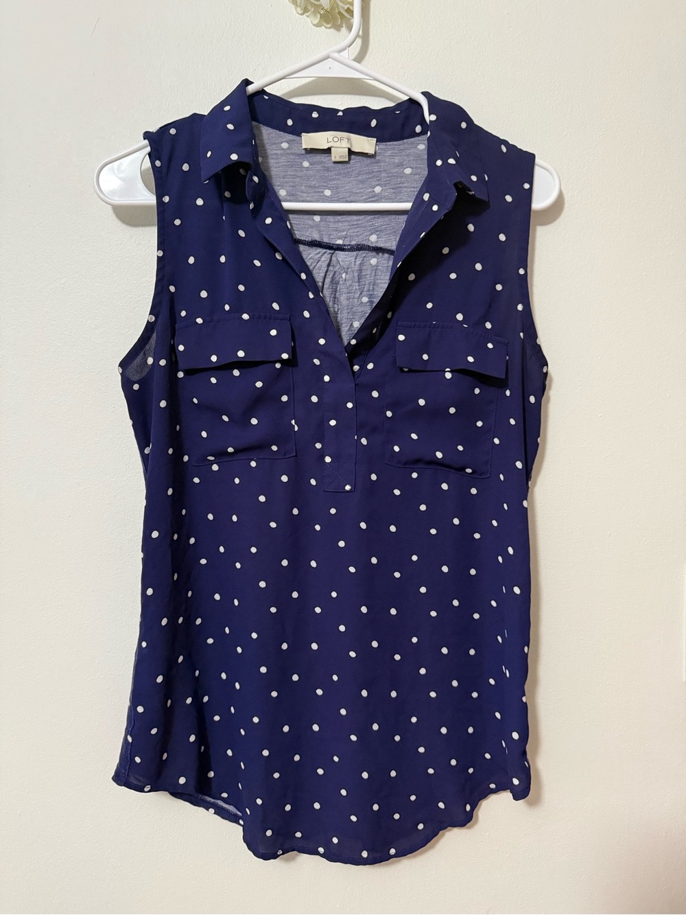 LOFT Navy Polka Dot Sleeveless Collared Camisole